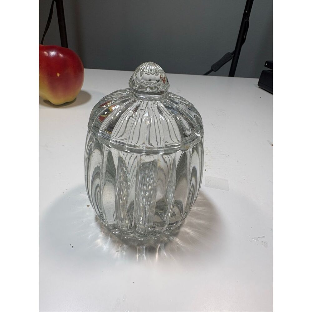 Vintage Clear Ribbed Glass Covered Candy Jar Apothecary Canister 5.5 Inch
